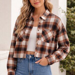 Ci Sono Size M Brown and Black Plaid Cropped Jacket